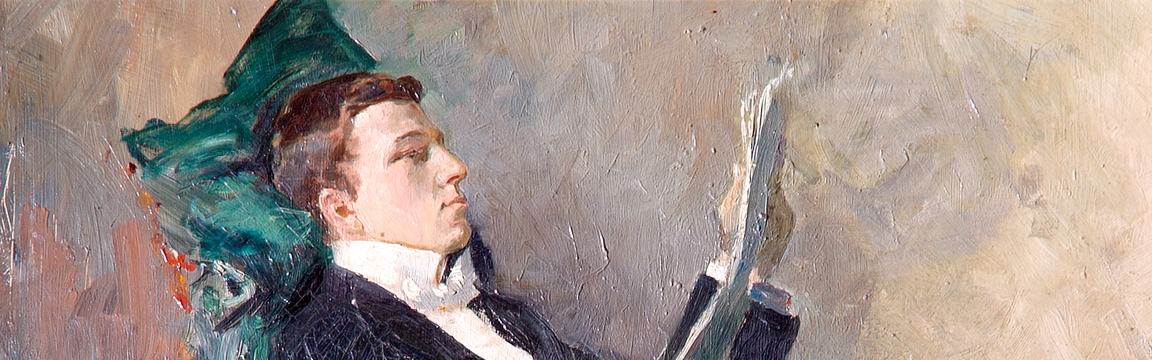 Closeup of an artwork featuring a seated male figure reading a newspaper