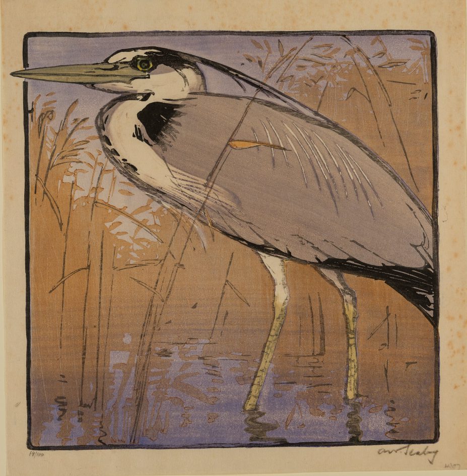 Allen W. Seaby (1867-1953), Heron, by 1908, colour woodcut on paper, [TYP/AS/32].