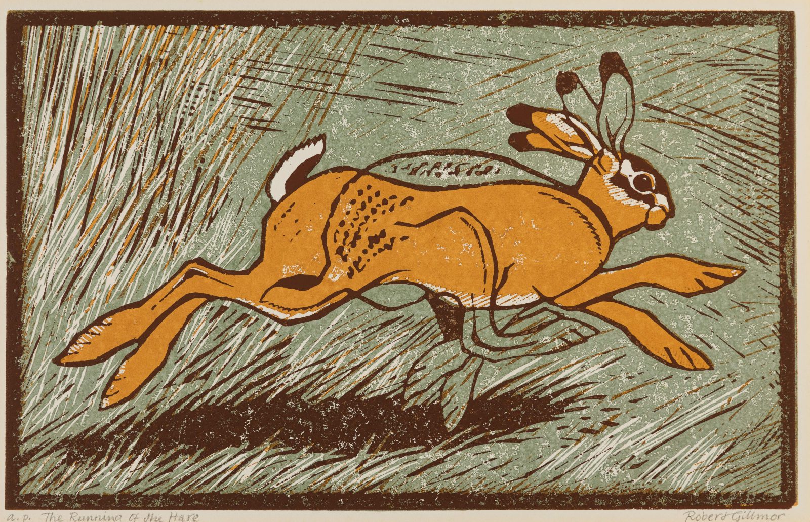 Robert Gillmor (b. 1936), The Running of the Hare, 1992, colour linocut on paper, [UAC/10305]