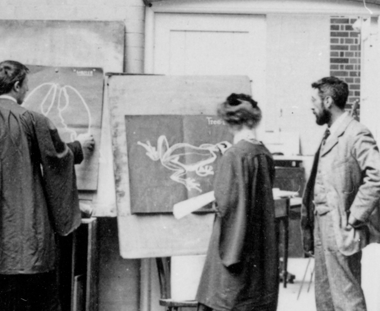 Closeup of Allen W. Seaby and a student in the London Road Studios, 1905