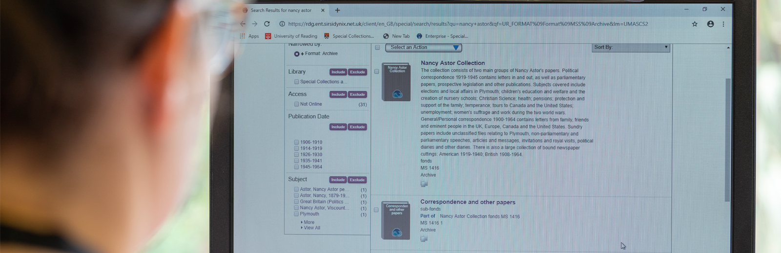 Search results for the University of Reading's Enterprise database on a screen
