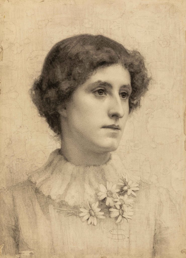 Portrait head of a woman with patterned background by Minnie Jane Hardman