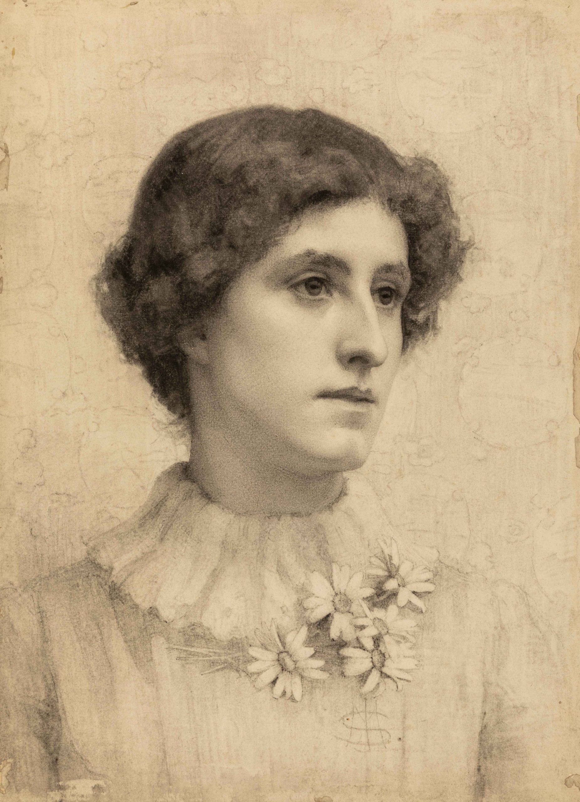 Bust-length portrait of a woman in front of patterned wallpaper  