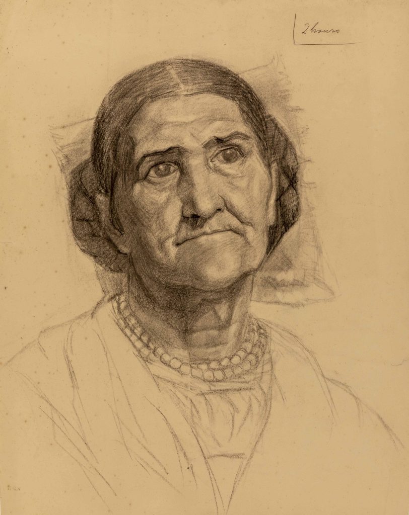 Bust-length portrait of an old woman created in 2 hours by Minnie Jane Hardman