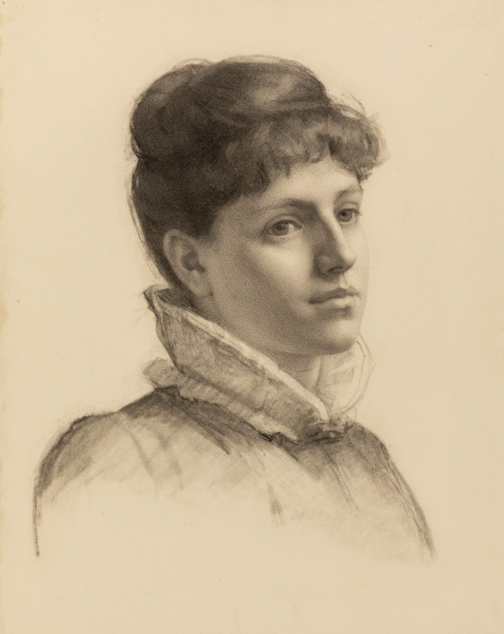 Bust-length portrait of a young woman, head turned to the right