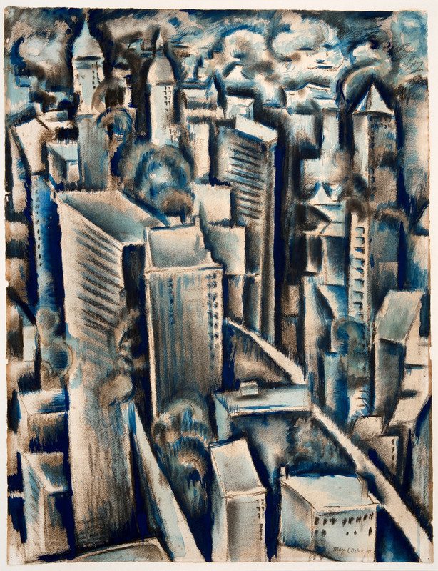 Landscape view of New York from above in the cubist style in blues and greys.