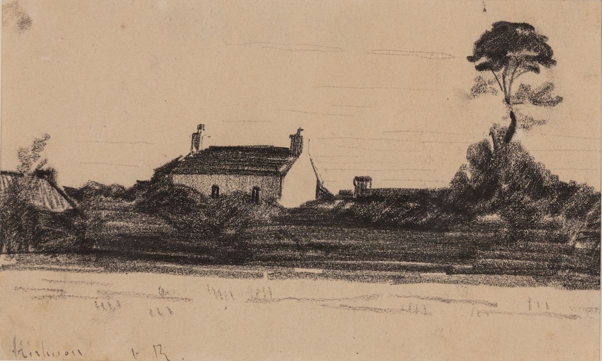 Farmhouse with a single tall tree on the right with a field/open space in the foreground.