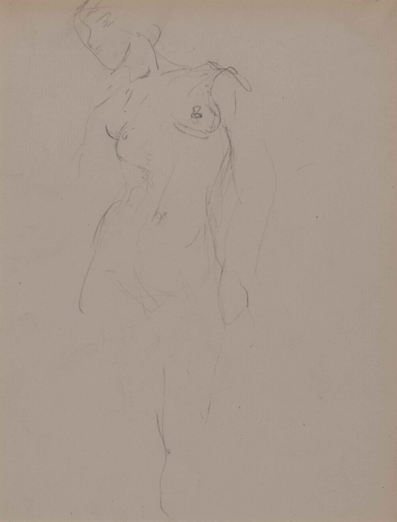 Faint sketch of a standing female nude