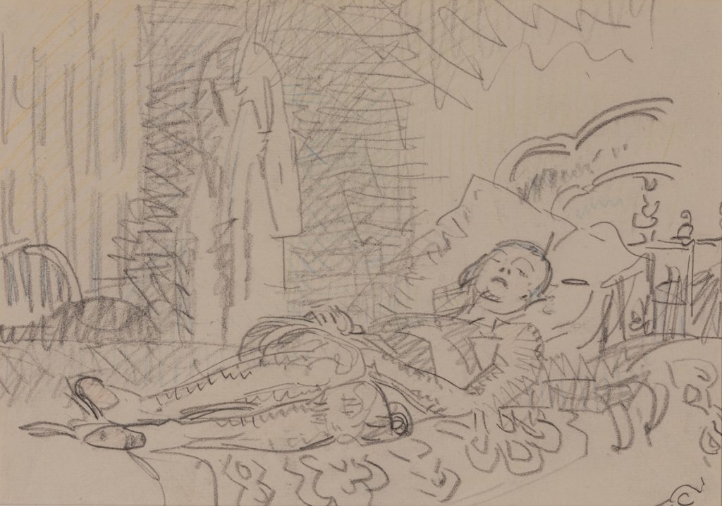 Woman (Kitty) laying on a bed with her eyes closed. There is a floral pattern on the cover and a coat handing in the background.