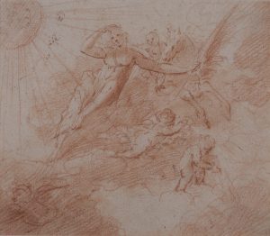 Aurora and Pegasus sitting on a cloud with the sun in the top left corner and attended by Putti