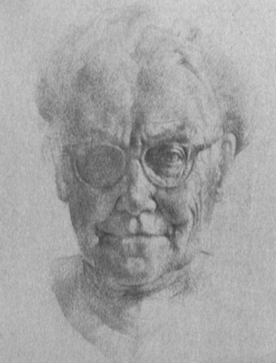 Drawing of Helen Thomas wearing glasses. The drawing fades away on the left side and is more detailed from the viewer's right eye and the mouth.