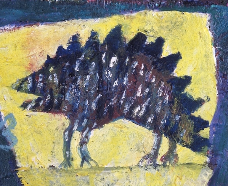 Oil painting depicting interior with slide projector which is projecting an image of an animal. Outside is a McDonalds sign