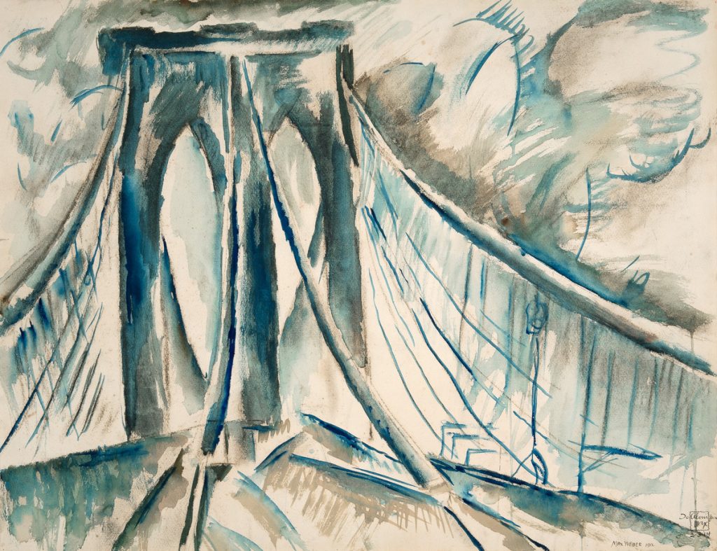 Painting on the Brooklyn Suspension Bridge in light cubist style