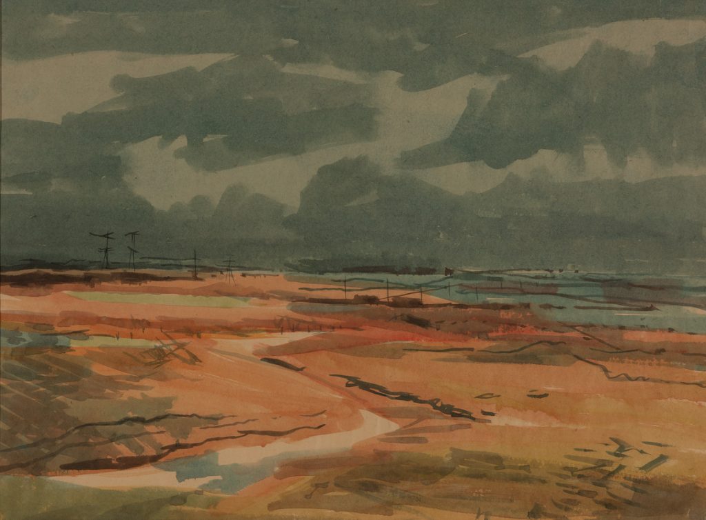 Painting of an Estuary by J. Anthony Betts. The ground is painted in shades of orange and green and the sky is various shades of blue.