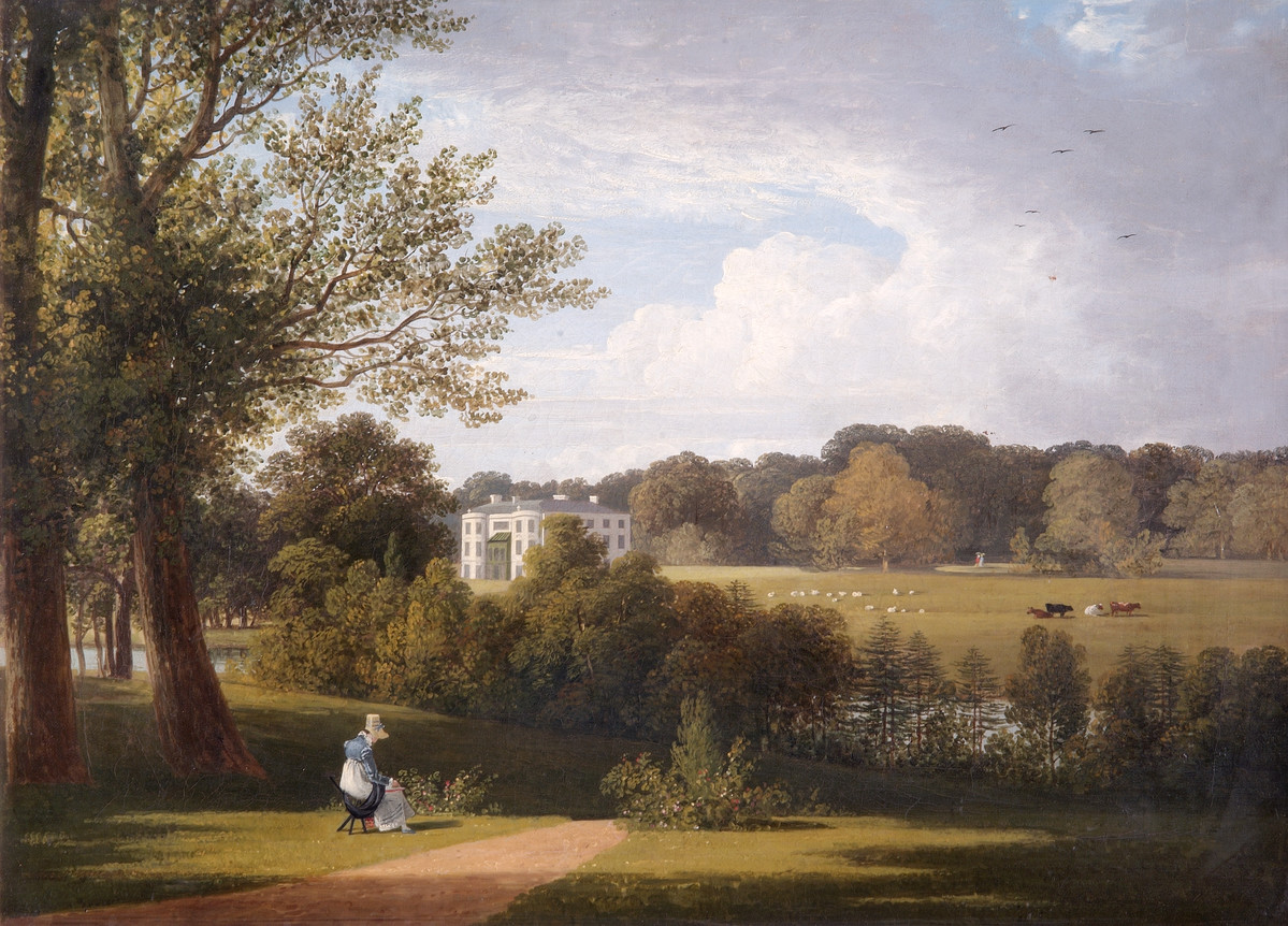 A View of White Knights from the Park with a Lady sketching in the foreground.