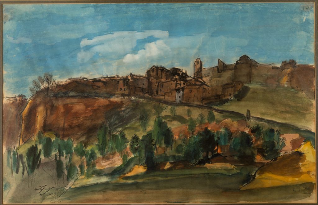 Painting of Roussillon from below with the path leading up to the town in the centre of the painting, and trees in the foreground.
