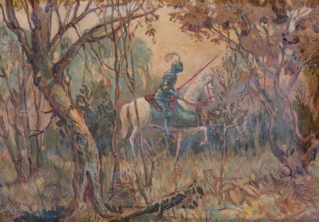 Painting depicting a knight in armour and holding a lance on a white horse in the woods.
