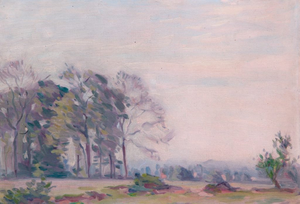 Oil painting of a landscape with a group of trees on the left.