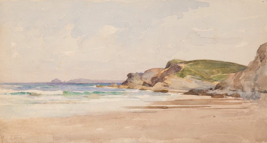 Landscape view of a sandy beach with the sea on the left side and the coast line continuing in the background, by Minnie Jane Hardman