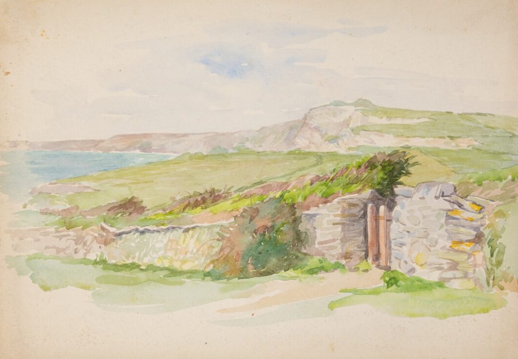 Landscape view with stony wall that has a gap in it on the right side of the painting. The sea is visible in the background. The watercolour painting is by Minnie Jane Hardman