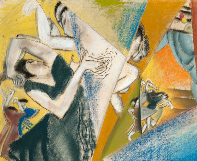 Section of cubist painting of a pair of dancers repeated six times with a yellow, orange and blue background