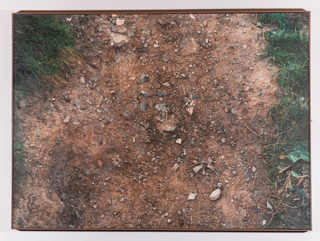 Hyper-realistic painting of a dirt and peddle path with grass at the edges