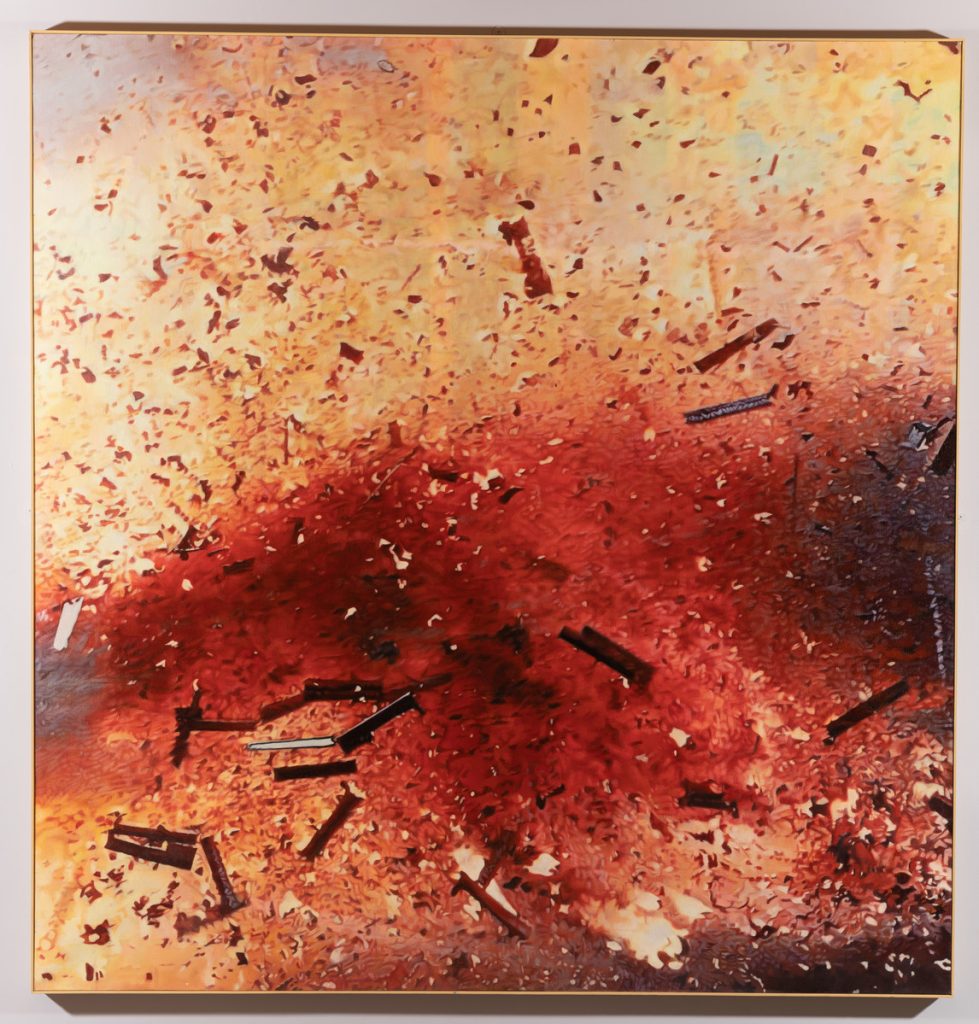 Hyper-realistic painting of an explosion with debris