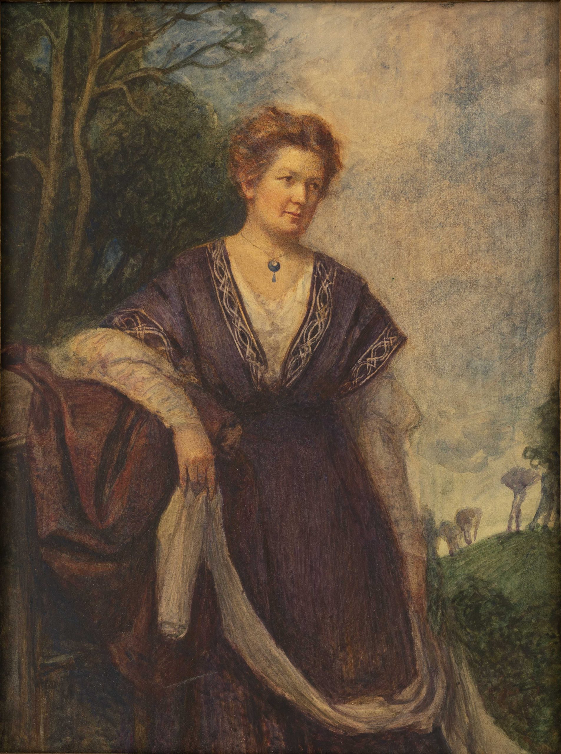 Portrait of Lady Mabel Faithfull, wearing a purple dress, with a landscape background