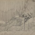 Reclining female nude with back to the viewer on a 'metal' bed stead. A second nude figure, visible from bust to hips, is in the background