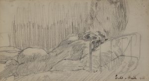 Reclining female nude with back to the viewer on a 'metal' bed stead. A second nude figure, visible from bust to hips, is in the background