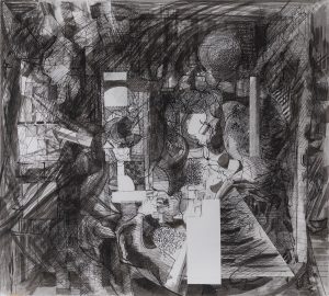 Abstract drawing by Martin Froy in grey, black and white with figures made up of circles, squares and various lines around a 'table'