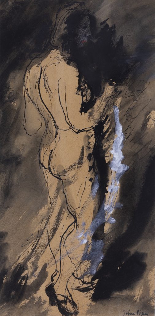 Ink and wash drawing with white heightening of a nude woman with her back facing the artist.