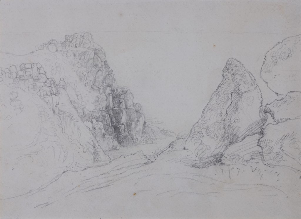 Drawing of landscape near Land's End, Cornwall. There is a river flowing out to the sea between two large rocky banks