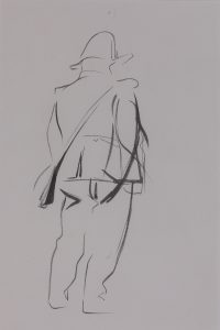 View of military officer from behind in minimal sketch style