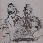 Two women, with their hair in buns, reading from a large book