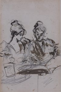 Two women, with their hair in buns, reading from a large book
