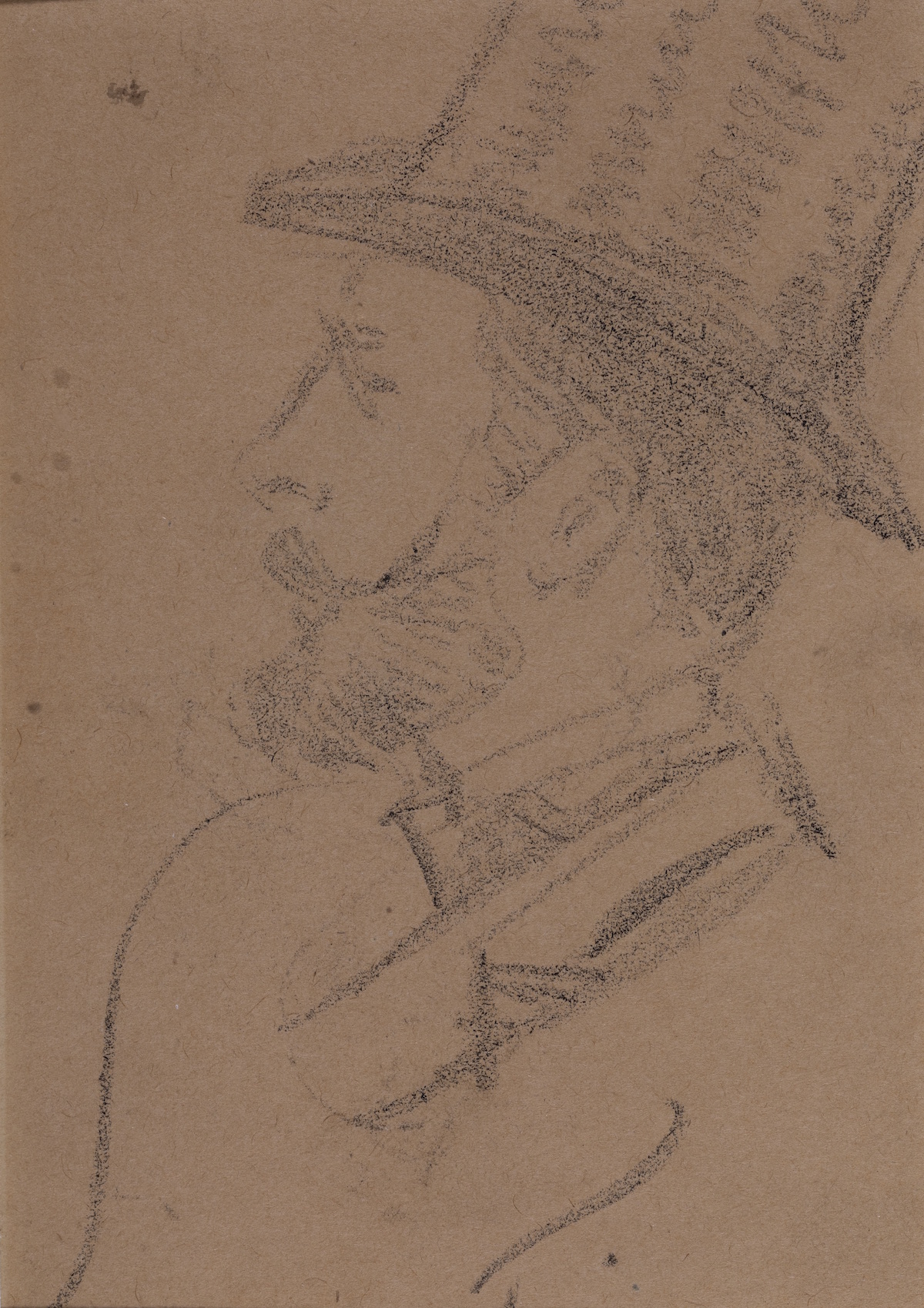 Profile view of the head and shoulders of a man in a top hat