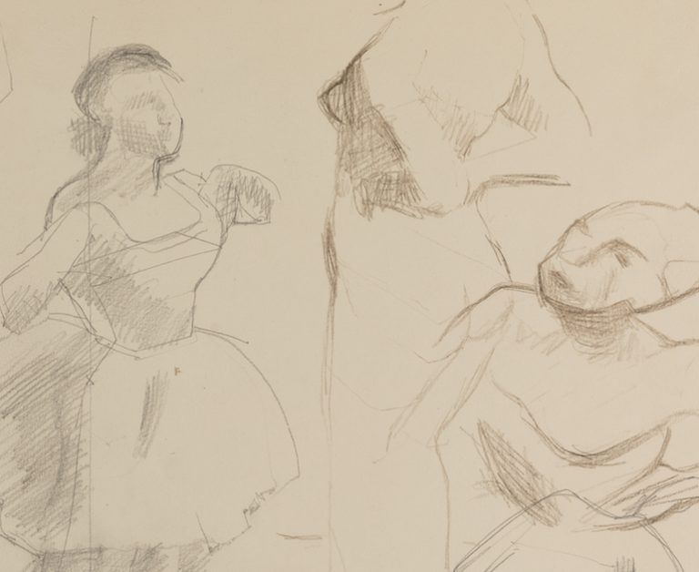 Closeup of three figures. The central figure appears to be nude and the two other figures are dancers. The face of the figure on the right is abstracted.