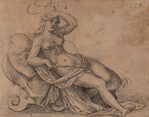 Sketch of a woman reclining on a sofa, with a knife in one hand and a bleeding wound between her breasts