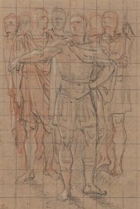 Seven figures, in stereotypical ancient Greek/Roman garb. The four at the back are only visible as heads. Across the entire artwork is a square grid