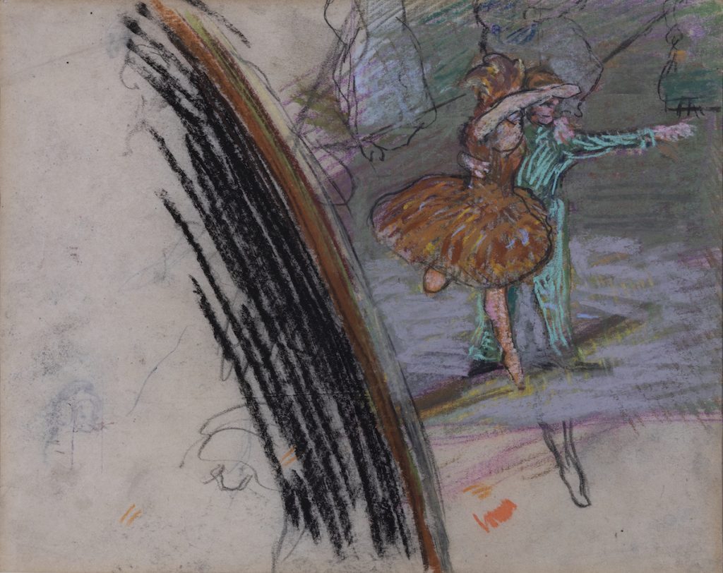 Two ballet dancers dancing. One wearing an orange dress and the other wearing a green outfit