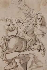 Sheet of studies of horse and rider, several figures, a horse's head and the head and shoulder of a figure