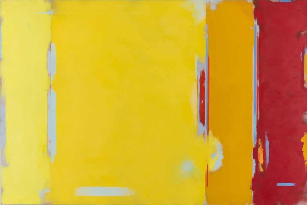Geometric abstract by John Golding with four main panels in red, orange and yellows. Blue additions appear across the artwork