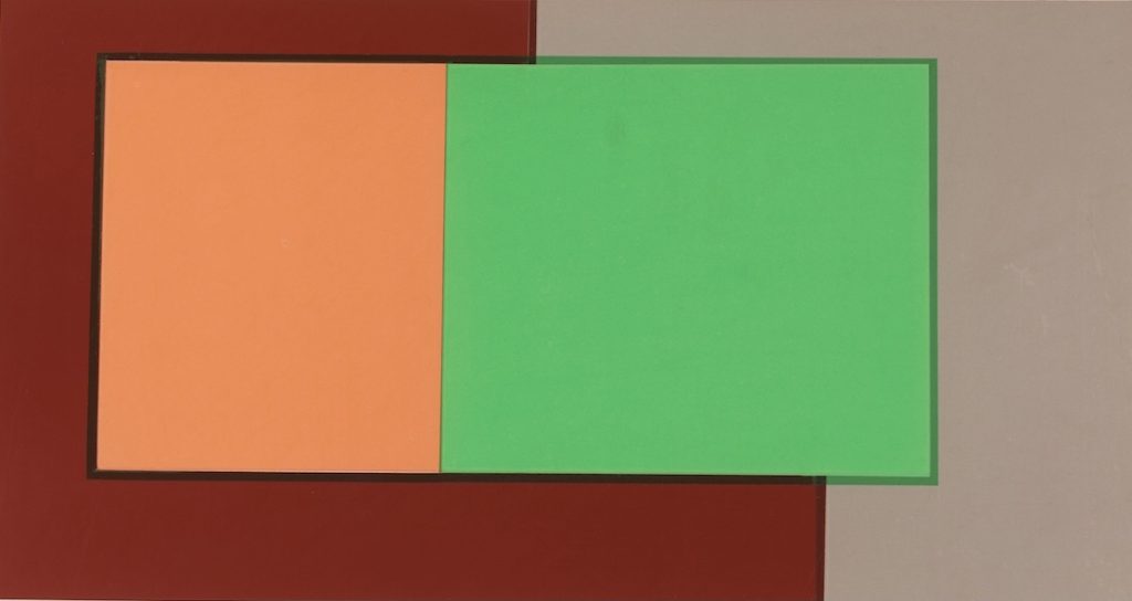 Geometric abstract by John Golding in red, orange, green and grey