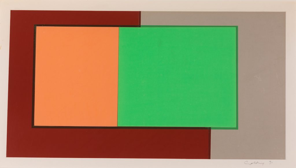 Geometric abstract by John Golding in red, orange, green and grey