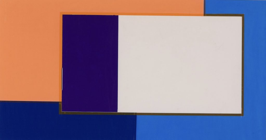 Geometric abstract by John Golding in coral, white and blues