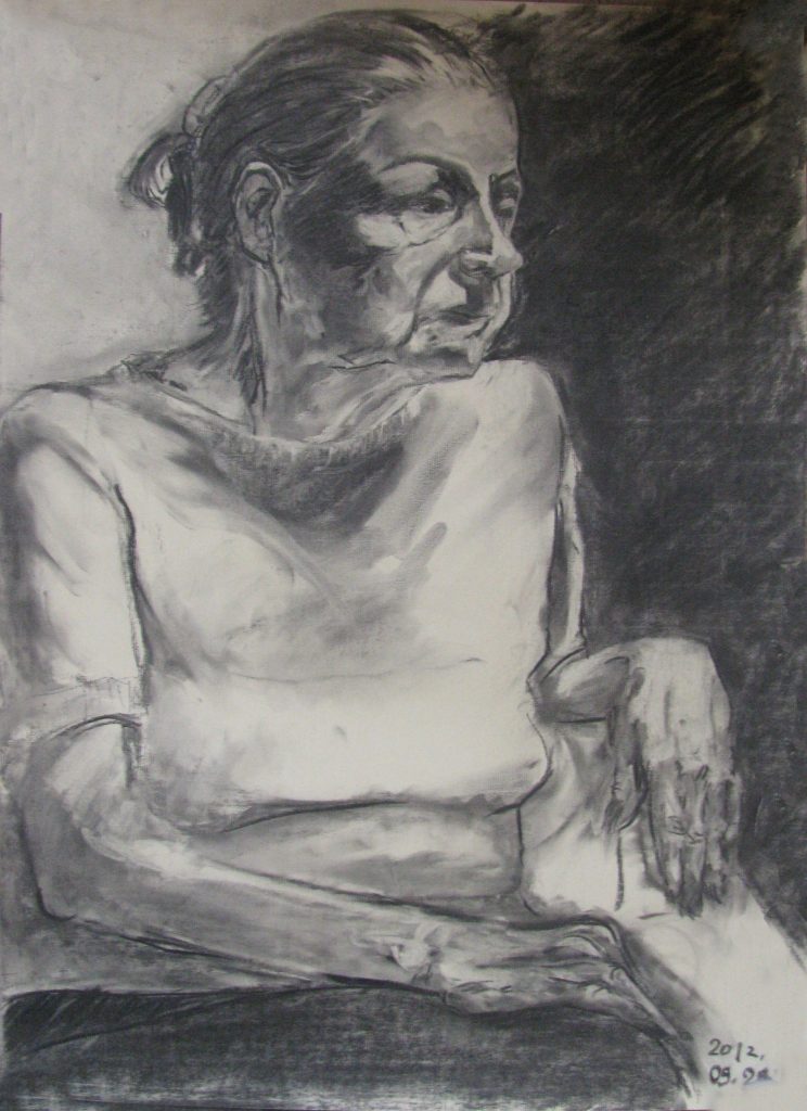 Old Masters of the Future submission. Featuring the upper half of a seated woman wearing a t-shirt and with her hair up.