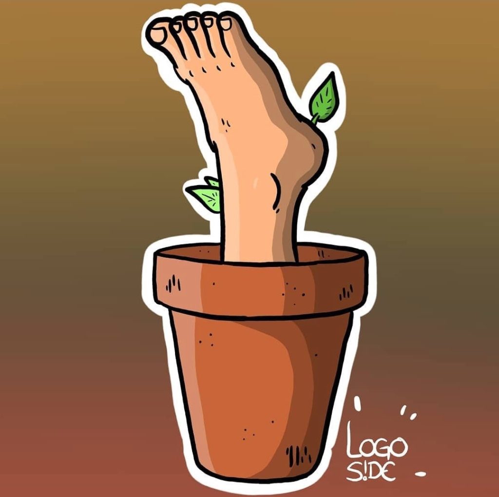 Old Master of the Future submission by LogoSide. Featuring a right foot with a few leaves attached growing out of a brown plant pot