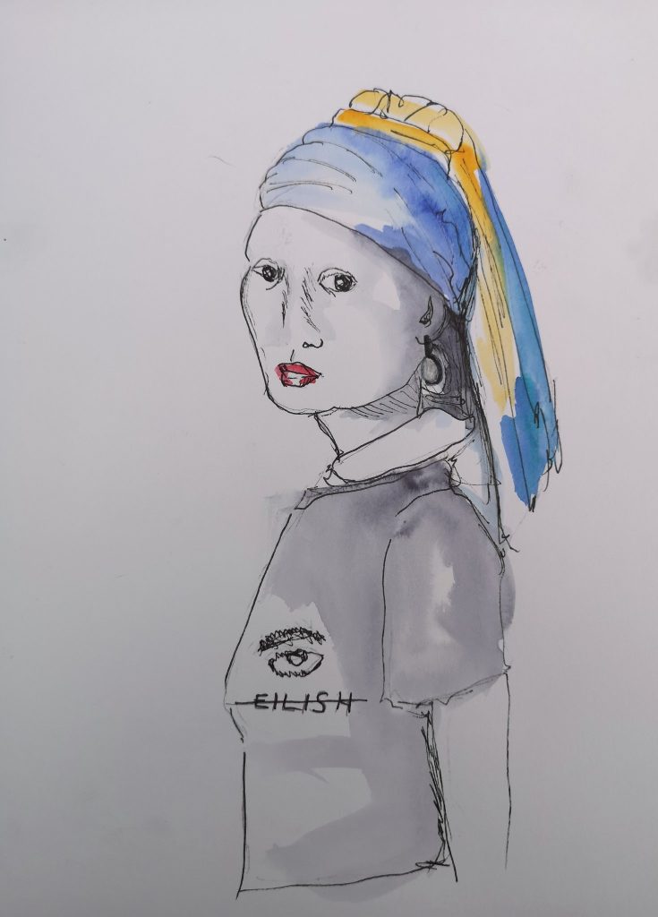Old Masters of the Future submission. Featuring a standing woman with the head from 'Girl with a Pearl Earring'. The figure is wearing a Billie Eilish T-shirt