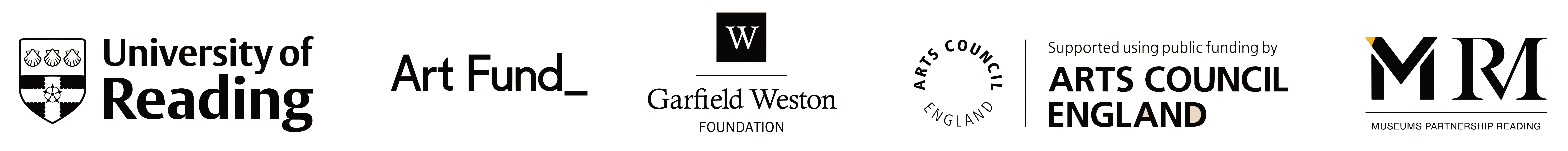 Five logos: University of Reading, Art Fund, Garfield Weston Foundation, Arts Council England Supported using public funding by Arts Council England, Museums Partnership Reading (MRM)